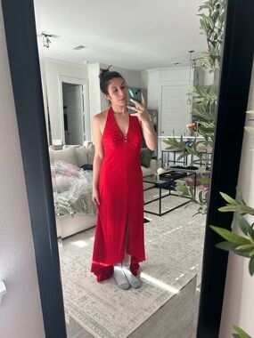 Red Halter High-Low Evening Dress with Front Slit